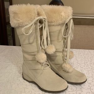 Naturalizer Cream Suede Lace Up Boots w/ Pom Poms